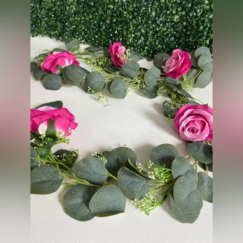 2 count Fuchsia Hot Pink Rose Eucalyptus Seeded Flower Buds Garlands 6 feet